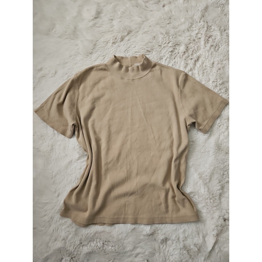 Vtg Basic Editions Ribbed Mock Neck Top Women's Large Tan Beige Short Sleeve Tee